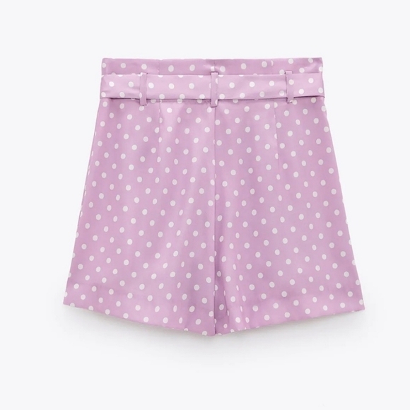 New Zara Polka Dot High Waist Flowy Satin Belted Paperbag Lilac Shorts NWT Small - Picture 4 of 13